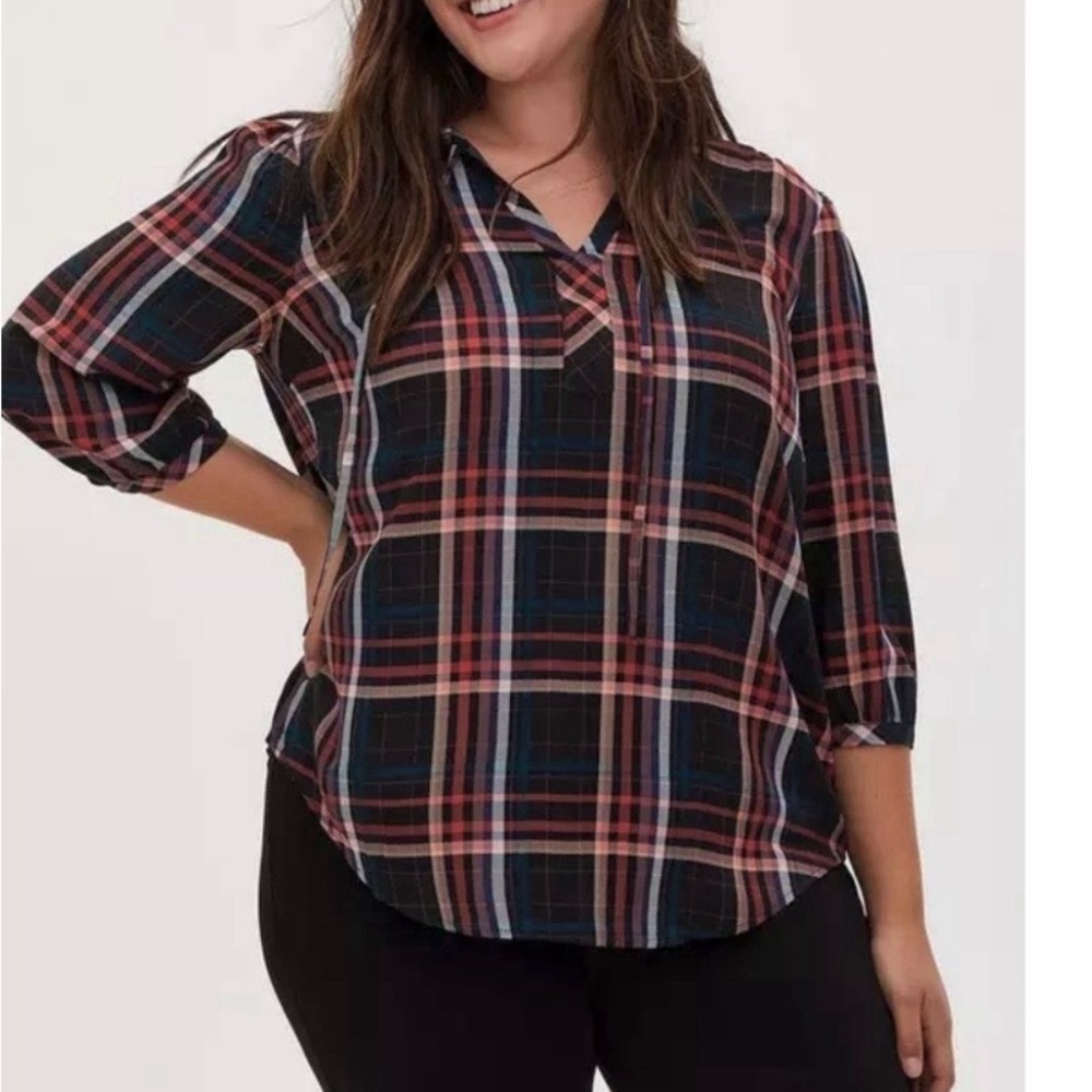 Torrid Plaid Rayon Twill Tie Neck Peasant Top Size 3X‎ Office Casual